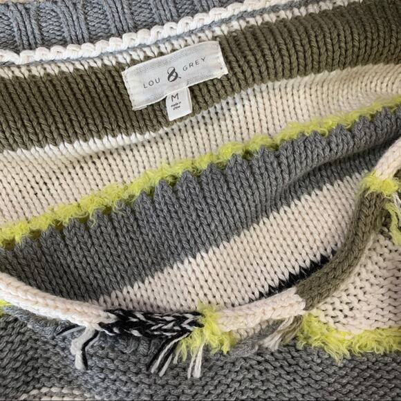 Lou & Grey Striped Fringe Crewneck Knit Cozy Sweater Medium Oversized - Picture 4 of 5